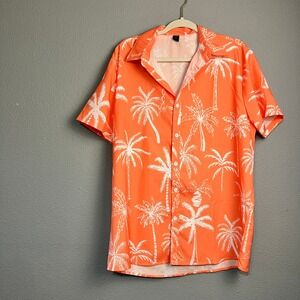 ROMWE Men's‎ XL Orange Palm Tree Hawaiian Shirt Short Sleeve Button Up Aloha